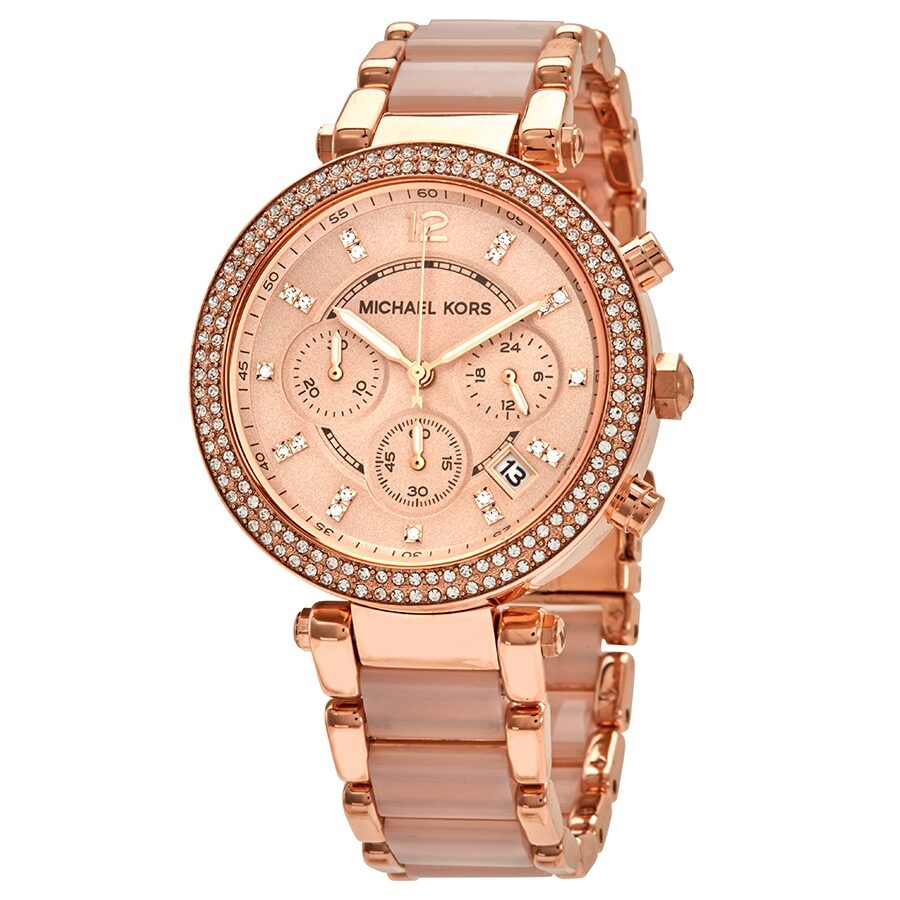 Michael Kors Parker ladies watch with blush dial, rose gold case with crystal bezel, and two-tone metal bracelet