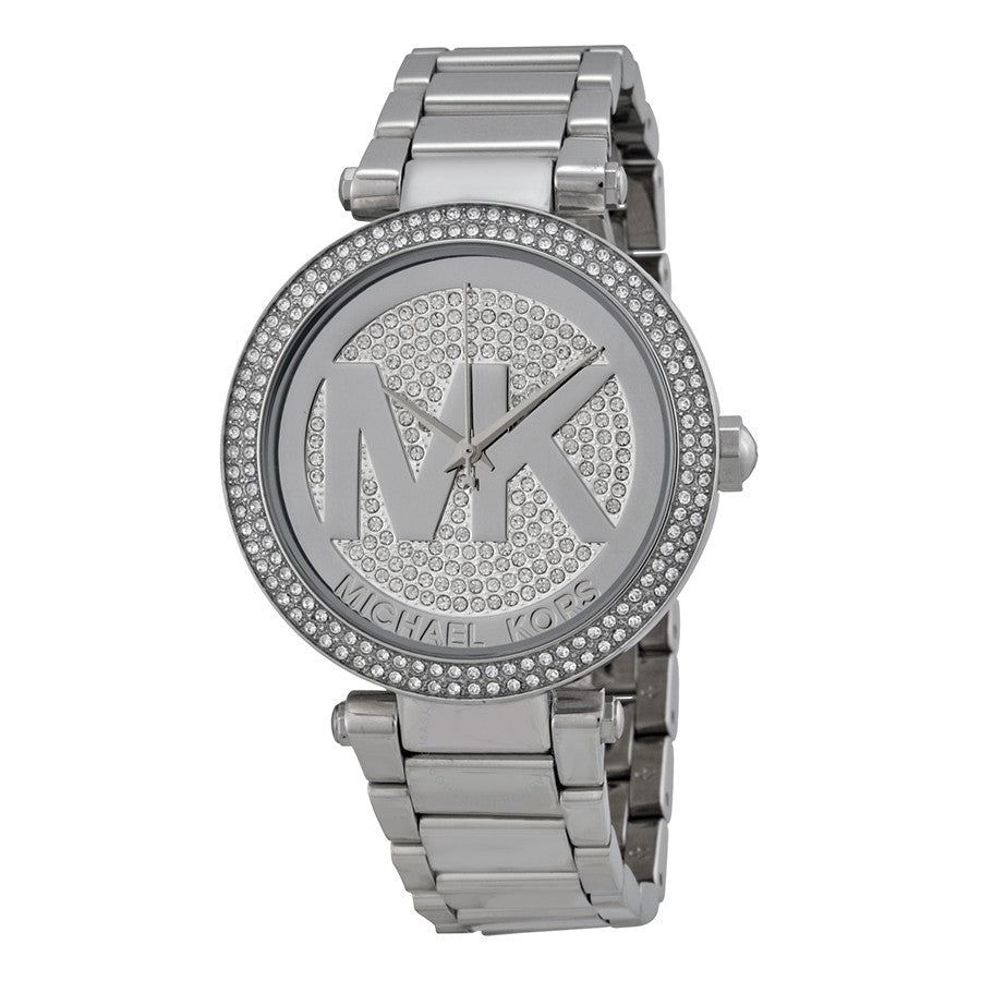 Michael Kors Parker silver-tone women's watch with crystal pave dial and diamond bezel