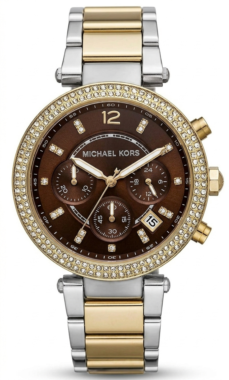 Michael Kors Parker MK6118 women's chronograph watch with brown dial, two-tone steel strap, and crystal bezel