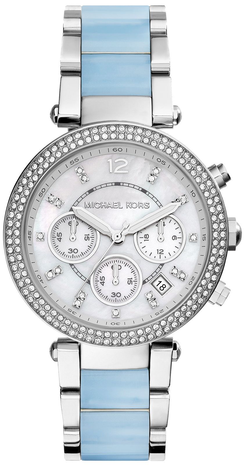Michael Kors Parker white dial chronograph women's watch with diamond bezel and blue acetate strap
