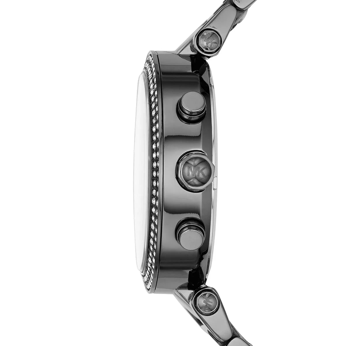 Michael Kors Parker MK6265 watch angle view showing case depth and chronograph pushers