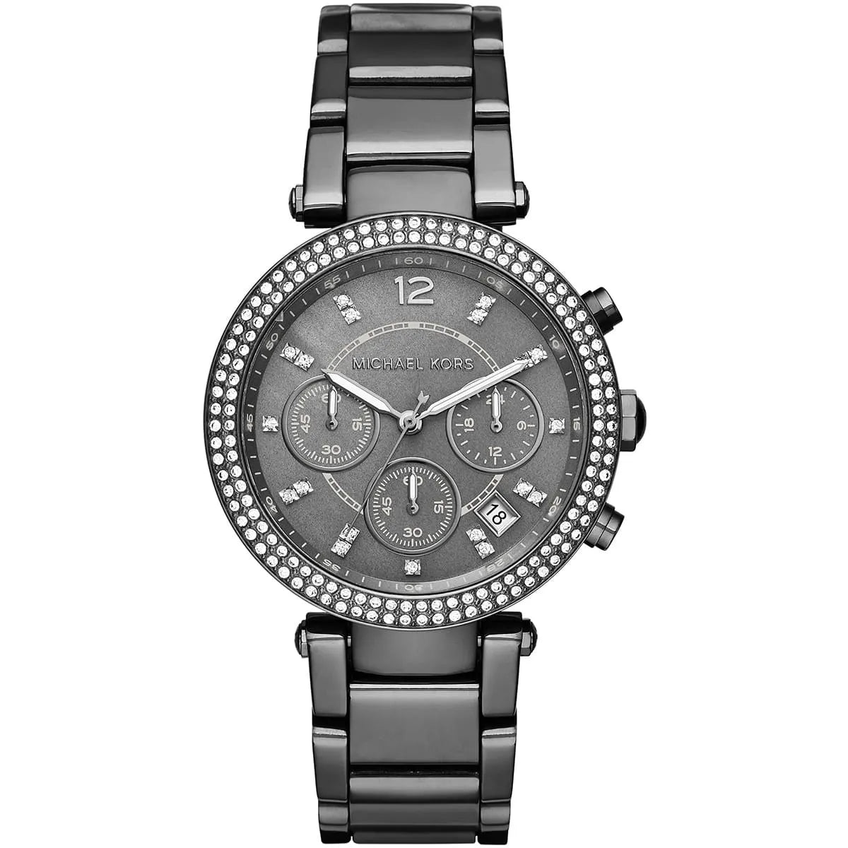 Michael Kors Parker MK6265 chronograph watch front view with crystal-set bezel and grey dial