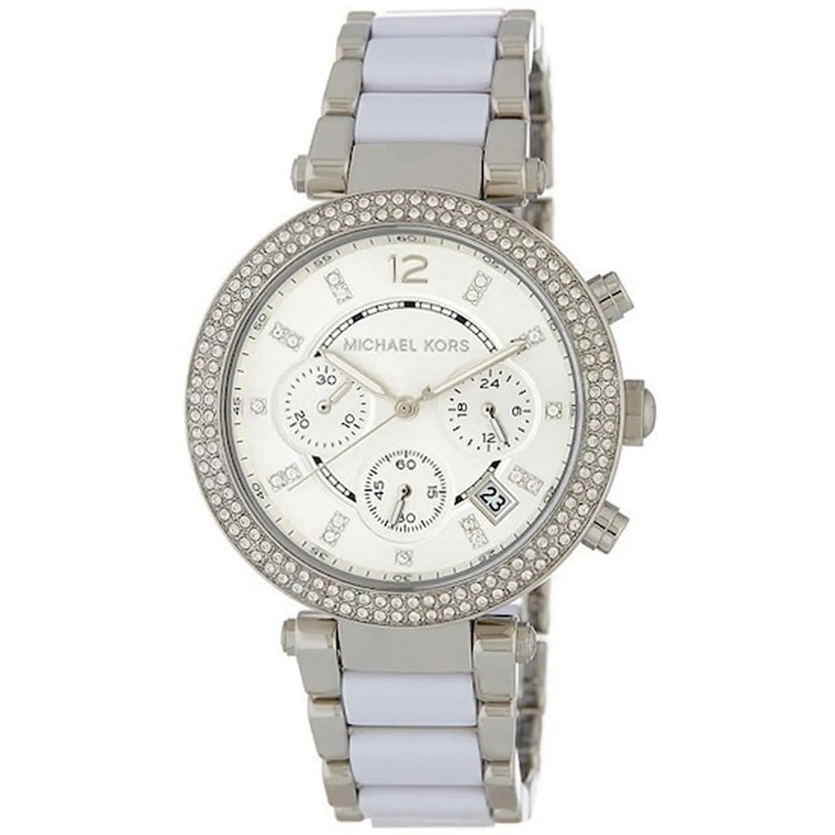Michael Kors Parker MK6354 watch three-quarter view showing dial and white strap