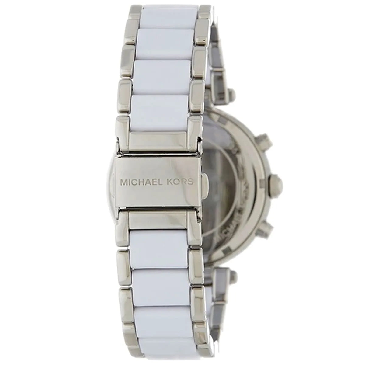 Michael Kors Parker MK6354 watch caseback showing white metal and ceramic strap
