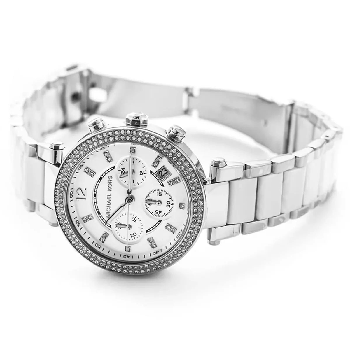 Parker MK6354 chronograph watch on white metal-ceramic bracelet, overhead view