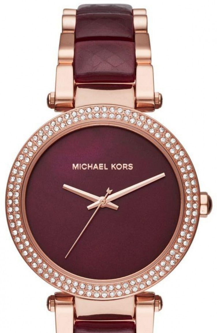 Michael Kors Parker burgundy watch at angle showing band and diamond bezel