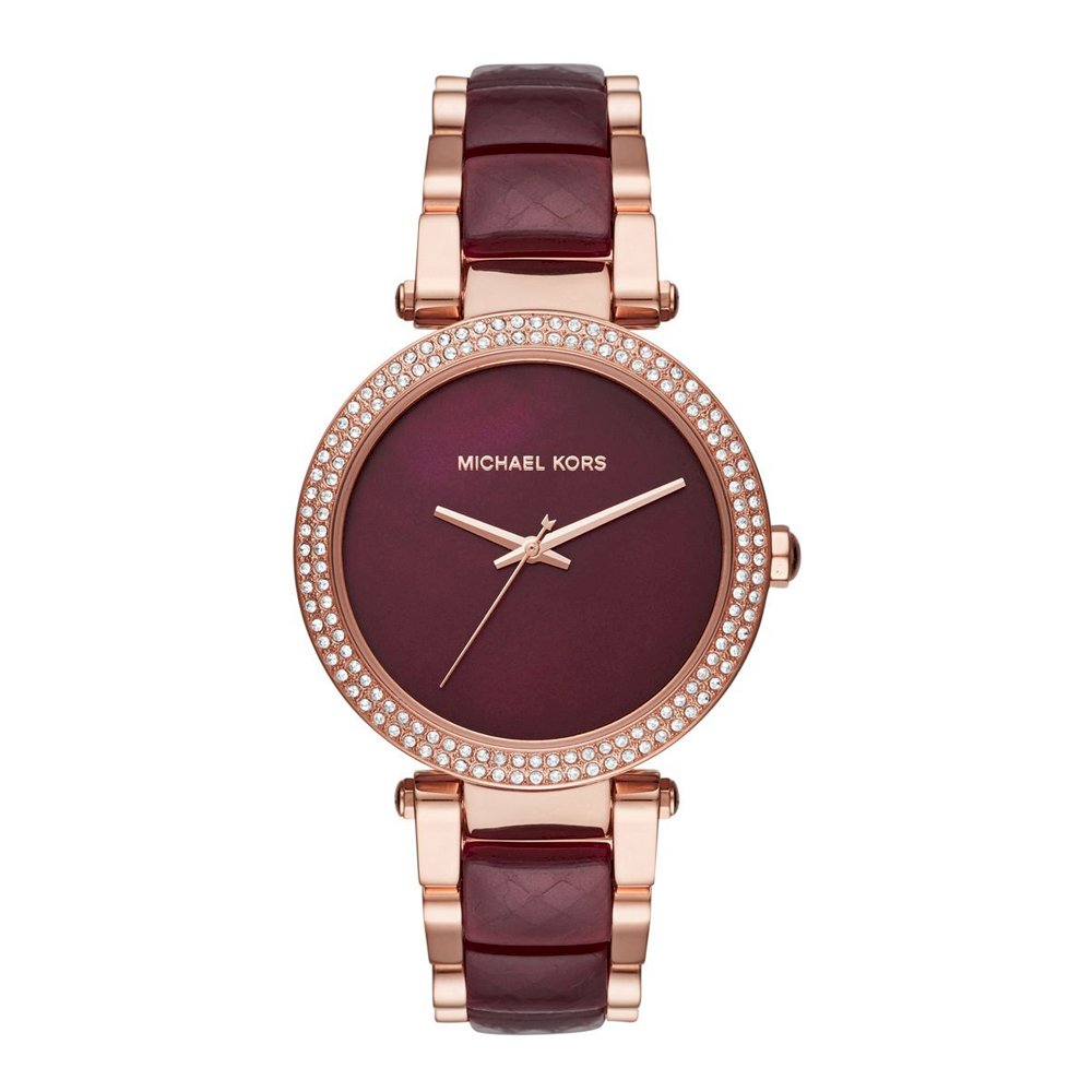 Michael Kors Parker burgundy dial watch with diamond bezel and rose gold case