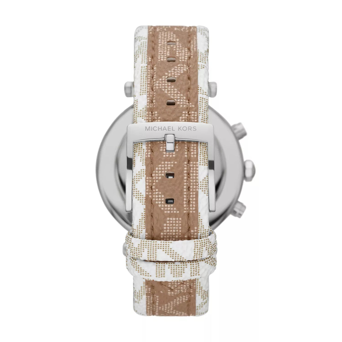 Back case view of Michael Kors Parker watch showing silver case back and brown signature-print PVC leather strap