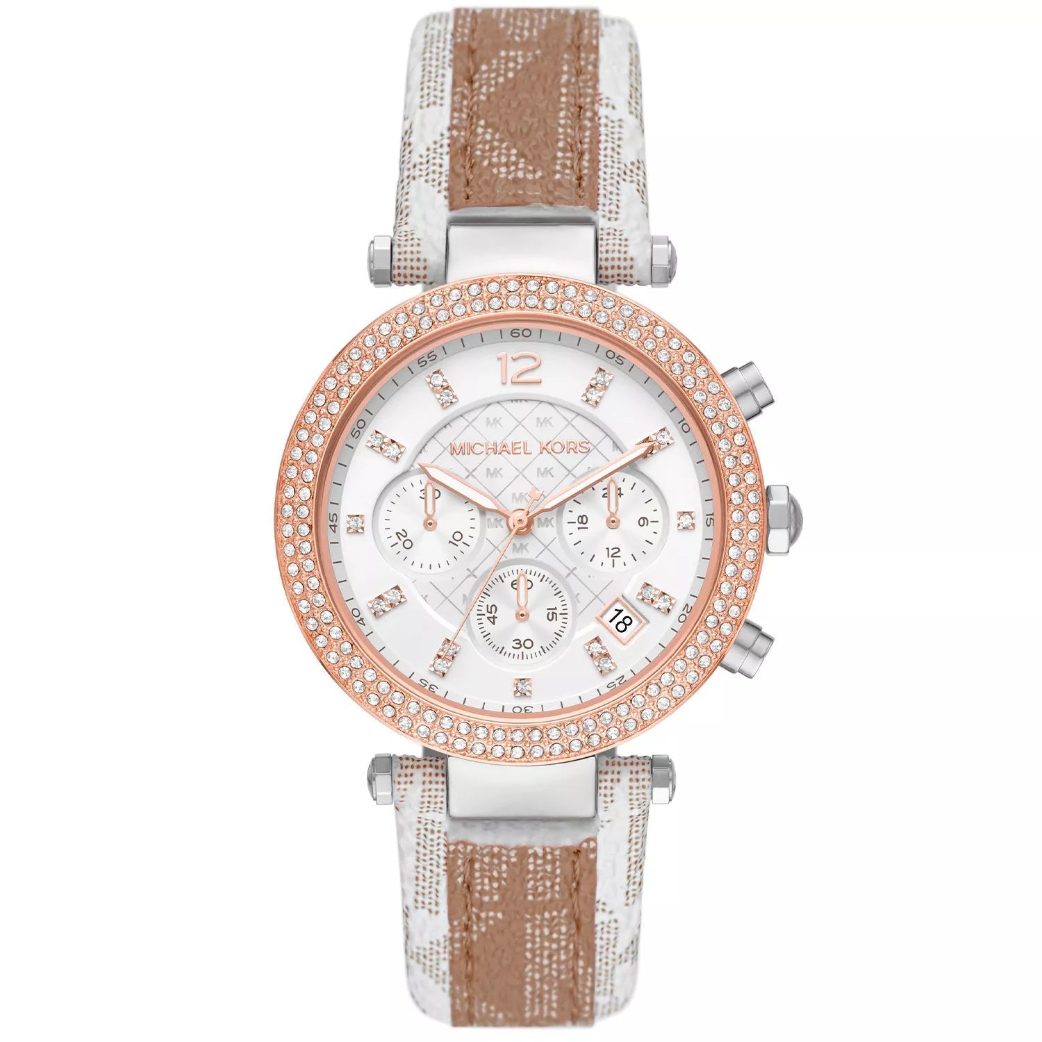 Michael Kors Parker Pavé two-tone women's chronograph watch with rose gold bezel and signature-print strap