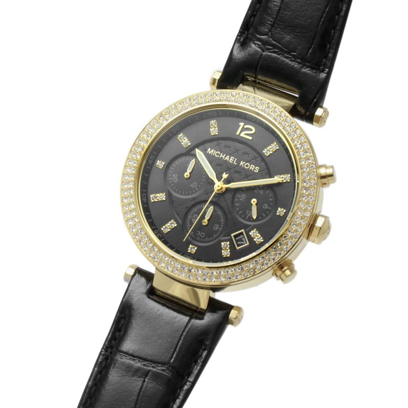 Parker chronograph watch angled view showing black dial with chronograph subdials and gold-tone case details