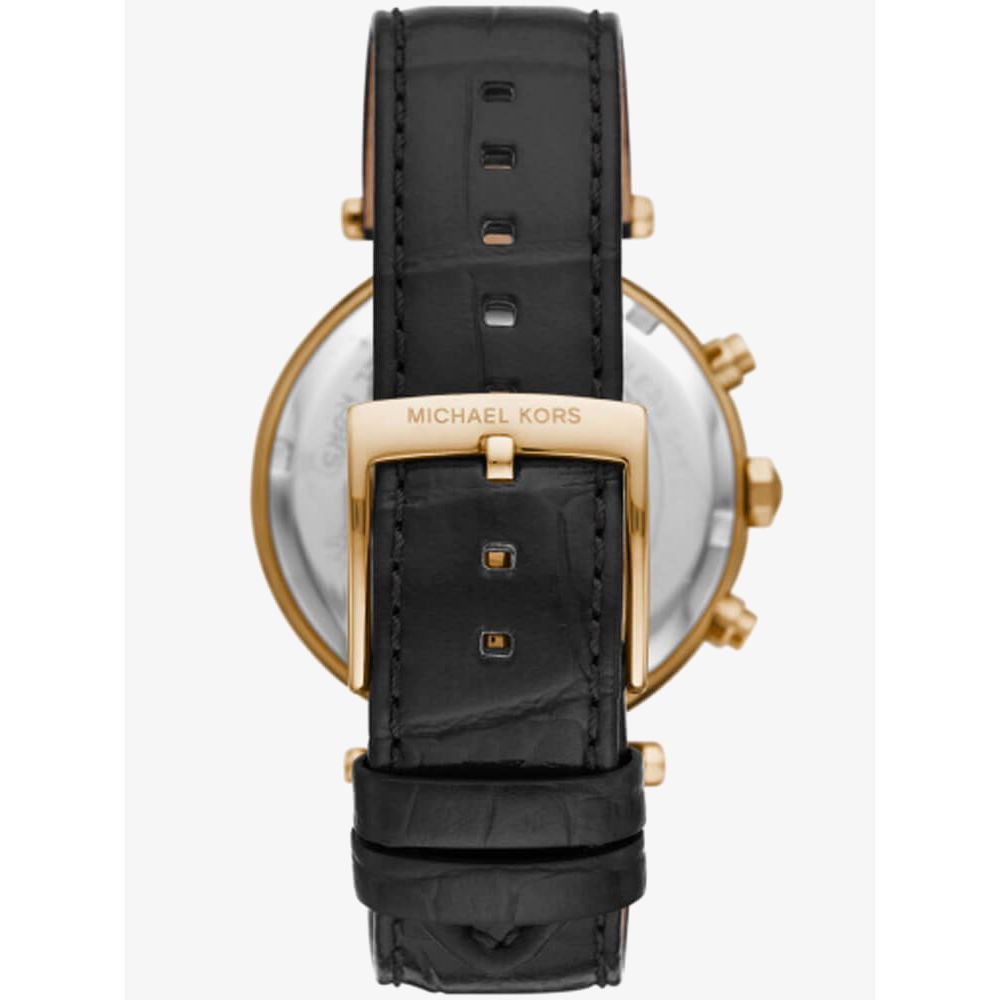 Caseback view of Parker chronograph watch showing gold-tone case with Michael Kors branding and black leather strap
