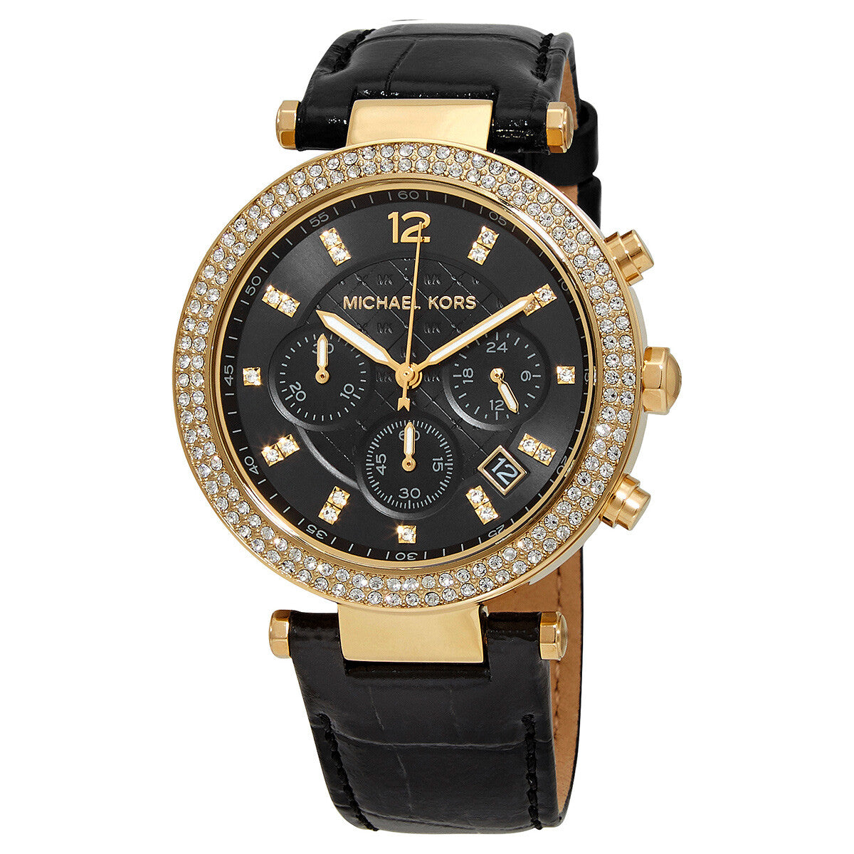 Michael Kors Parker chronograph watch with black dial, gold-tone case, crystal bezel, and black leather strap