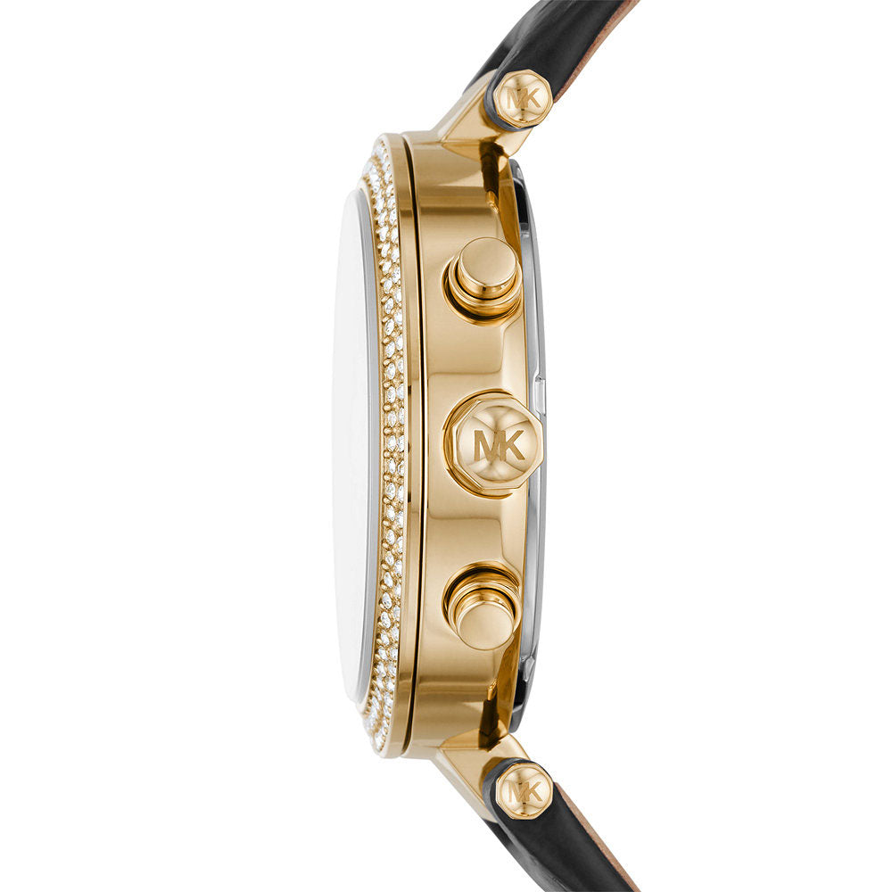 Side view of Parker chronograph displaying gold-tone case, crystal-set bezel, and black leather strap
