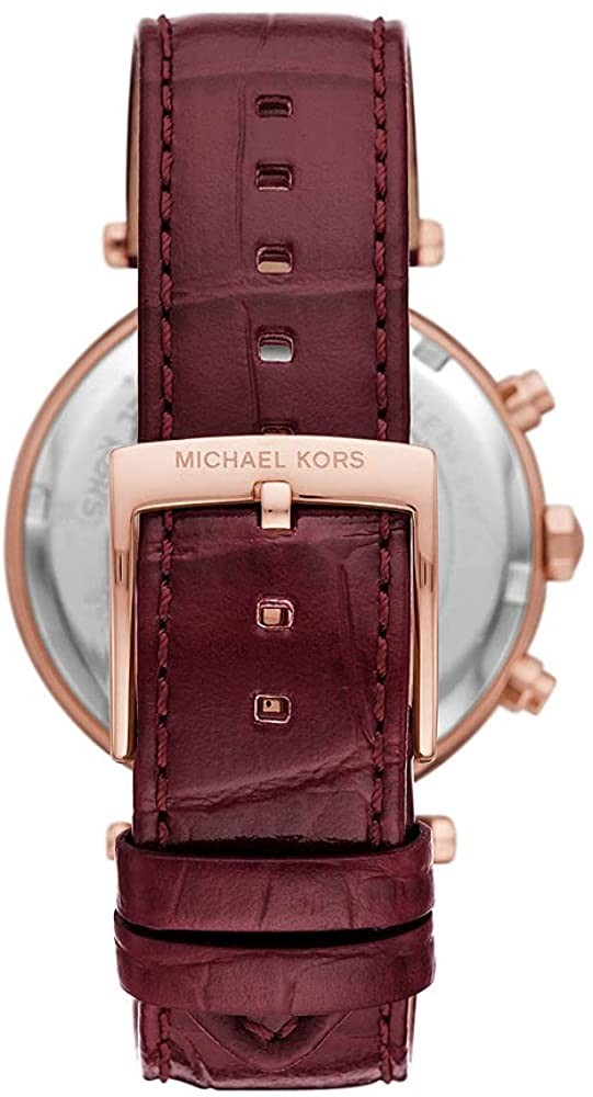 Michael Kors Parker MK6986 watch caseback showing burgundy leather strap detail
