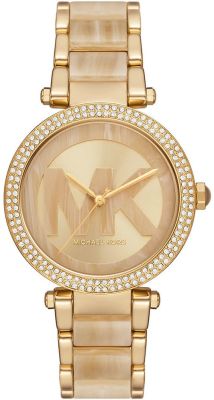 Michael Kors Parker quartz watch with pave crystal bezel, gold champagne dial, and gold-tone bracelet