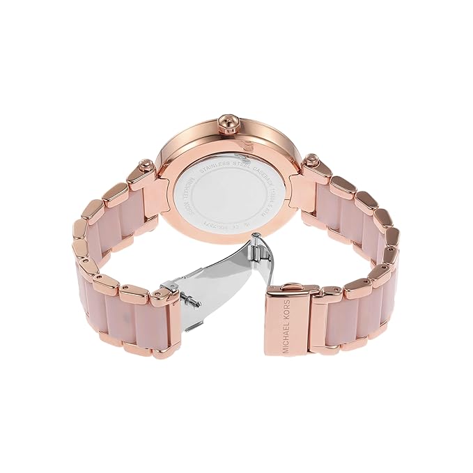 Back view of Michael Kors Parker watch showing case back and pink link bracelet with deployment clasp