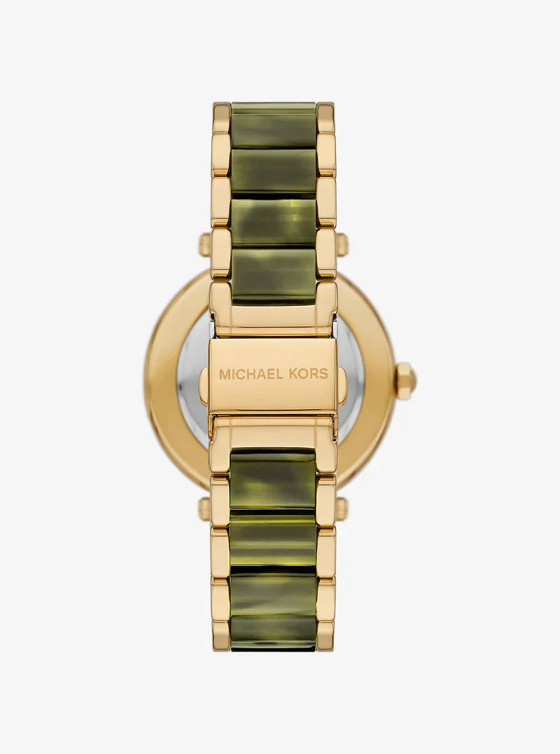 Michael Kors Parker watch caseback view showing thyme acetate strap and gold-tone case