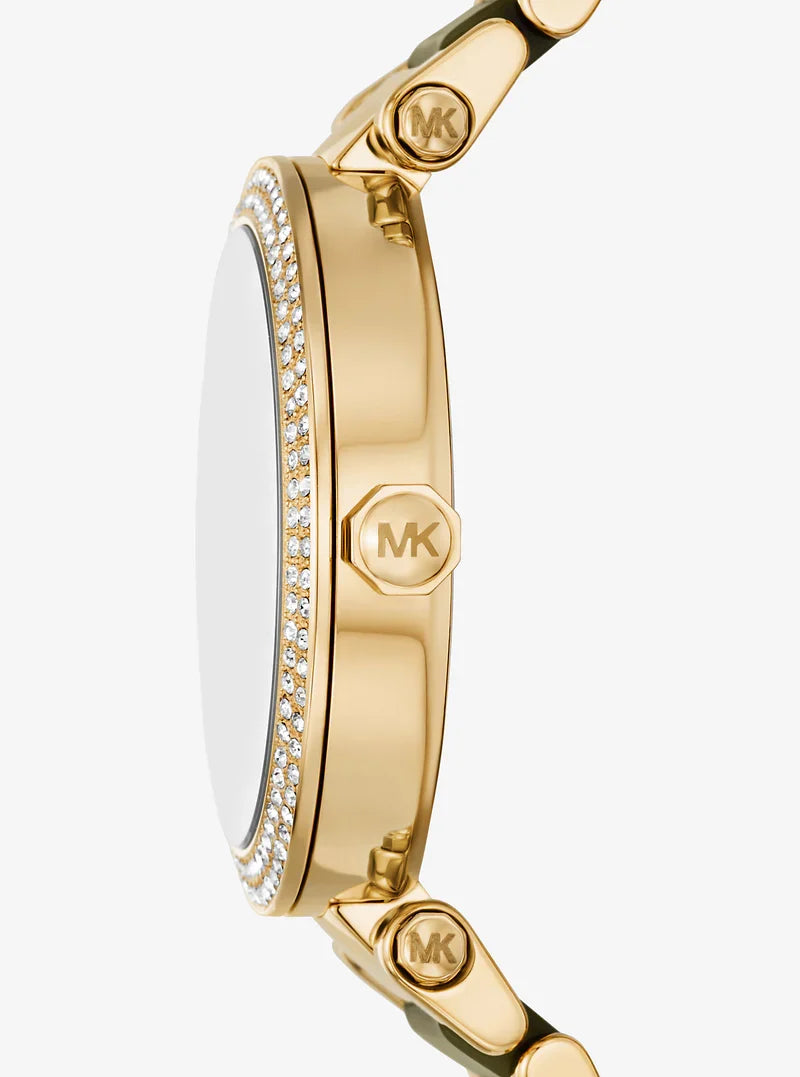 Michael Kors Parker watch side view showing gold-tone case with pavé crystal bezel