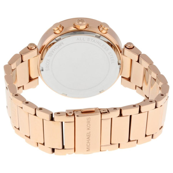 Rose gold-tone stainless steel caseback with Michael Kors branding and text