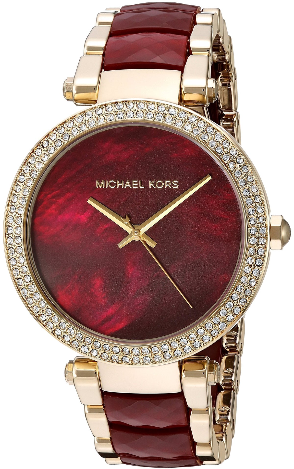 Michael Kors Parker red women's watch with crystal-accented gold bezel and two-tone bracelet