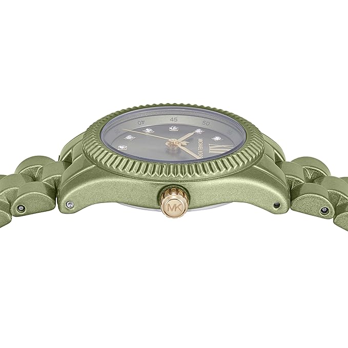Side view of Michael Kors Petite Lexington watch showing case profile and textured bezel
