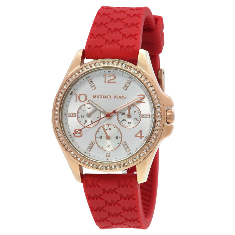 Michael Kors Pilot women's watch with white dial, rose gold case, diamond bezel, and red strap