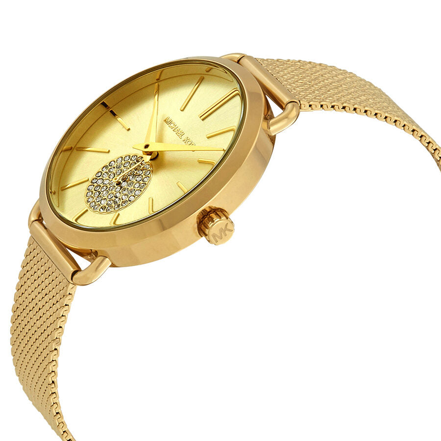 Michael Kors Porita watch shown at angle with gold mesh strap and champagne dial