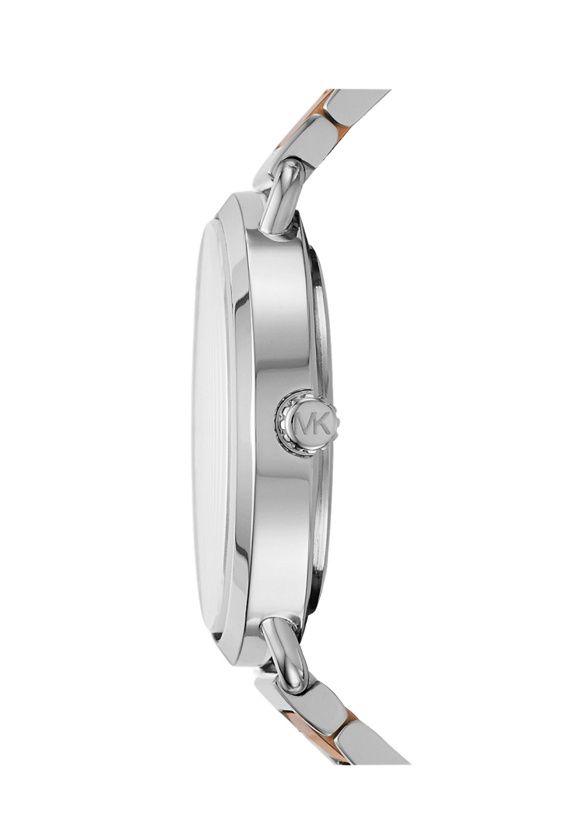 Michael Kors Portia watch side profile showing case depth and two-tone bracelet