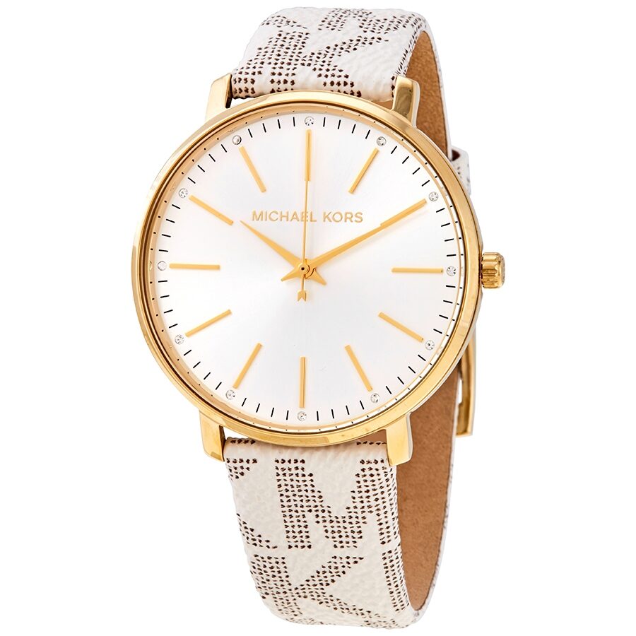 Michael Kors Pyper white dial women's watch with gold-tone hands and white coated canvas strap