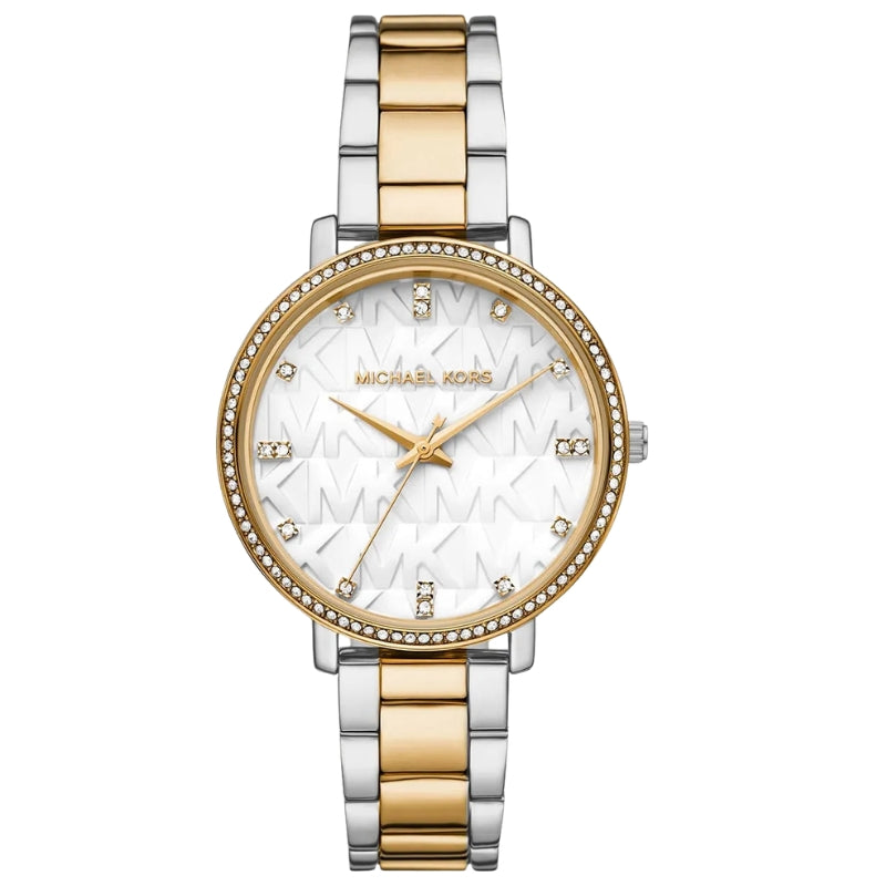 Michael Kors Pyper watch with white dial, crystal indices, and two-tone bracelet