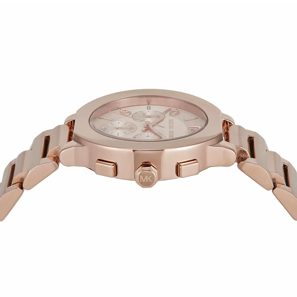 Michael Kors Pyper MK7521 angled close-up of rose gold case and chronograph pushers