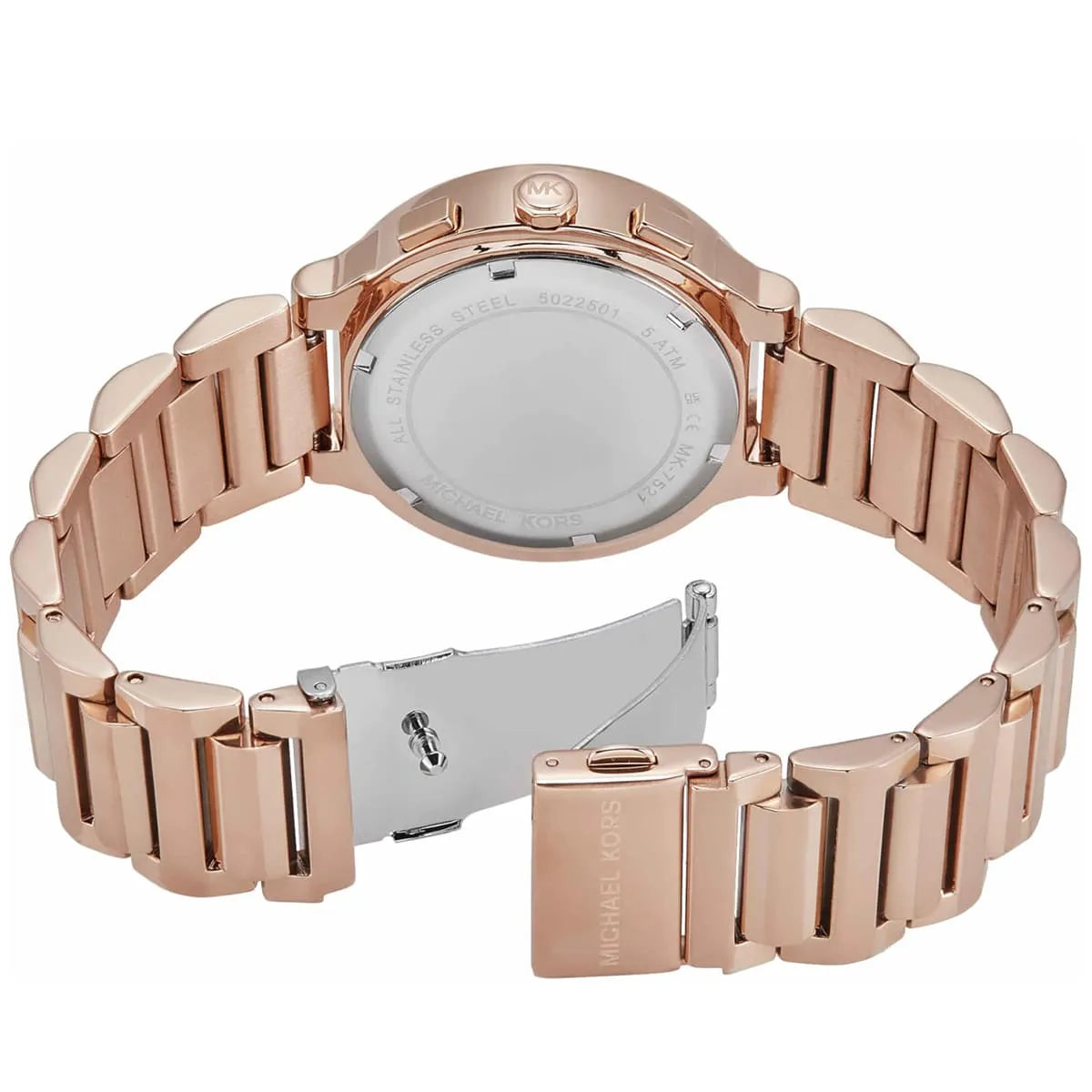 Michael Kors Pyper MK7521 watch caseback with stainless steel and rose gold bracelet