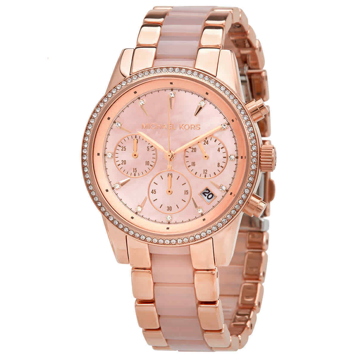 Michael Kors Ritz Chronograph Quartz Crystal ladies watch with rose gold-tone case and pink bracelet