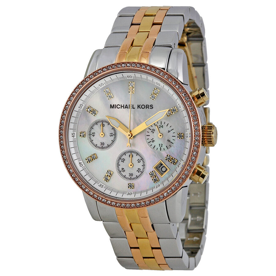 Michael Kors Ritz MK5650 chronograph ladies watch with mother of pearl dial and tri-tone bracelet