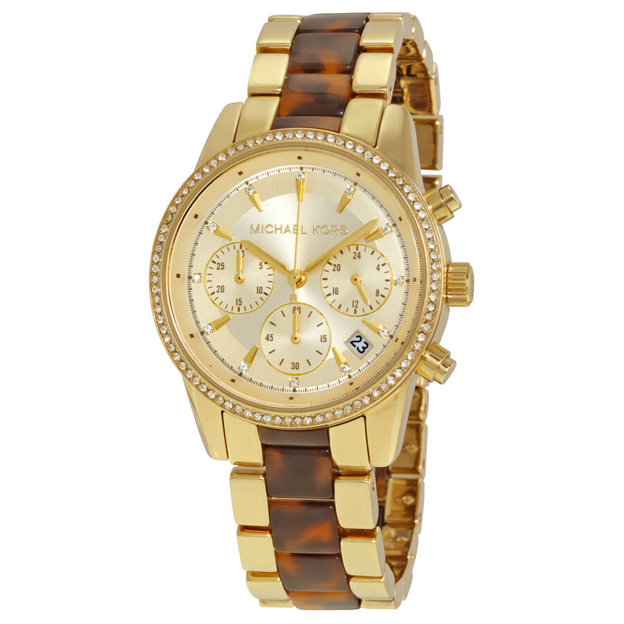 Michael Kors Ritz chronograph women's watch with champagne dial, gold-tone case, tortoise shell acetate and gold-tone bracelet