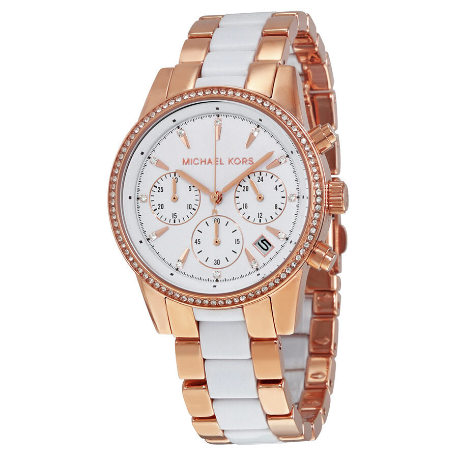 Michael Kors Ritz chronograph women's watch with white dial, rose gold case and rose gold and white acetate strap