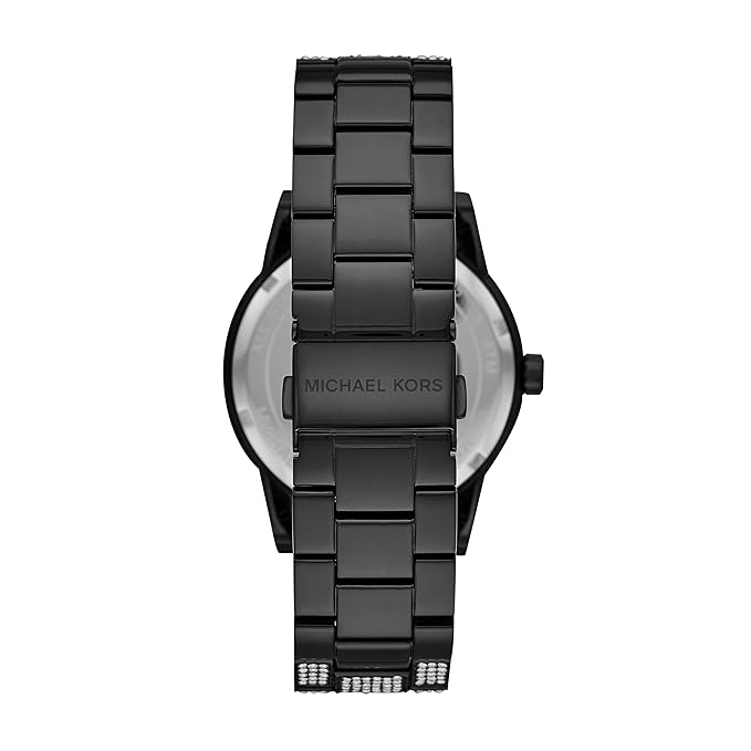 Black metal bracelet and caseback of Michael Kors watch with brand engraving