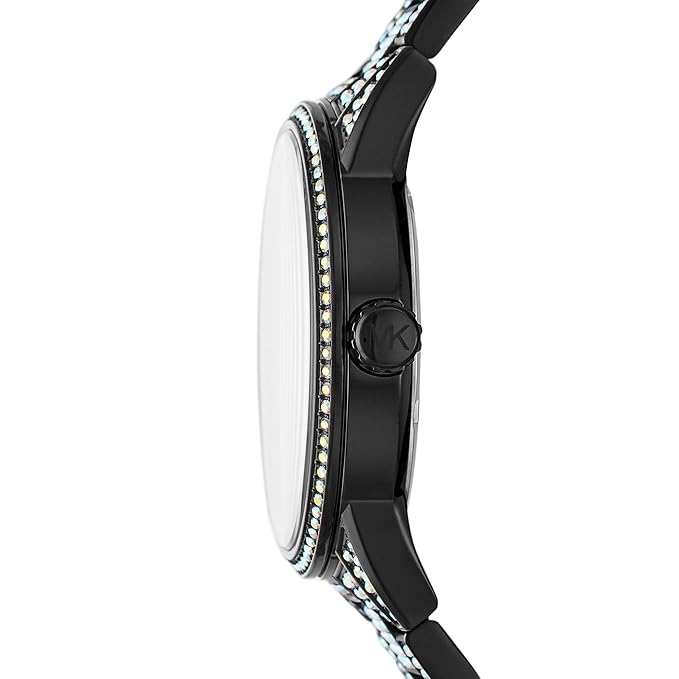 Side profile of black watch case with crystal-studded edge and crystal bracelet