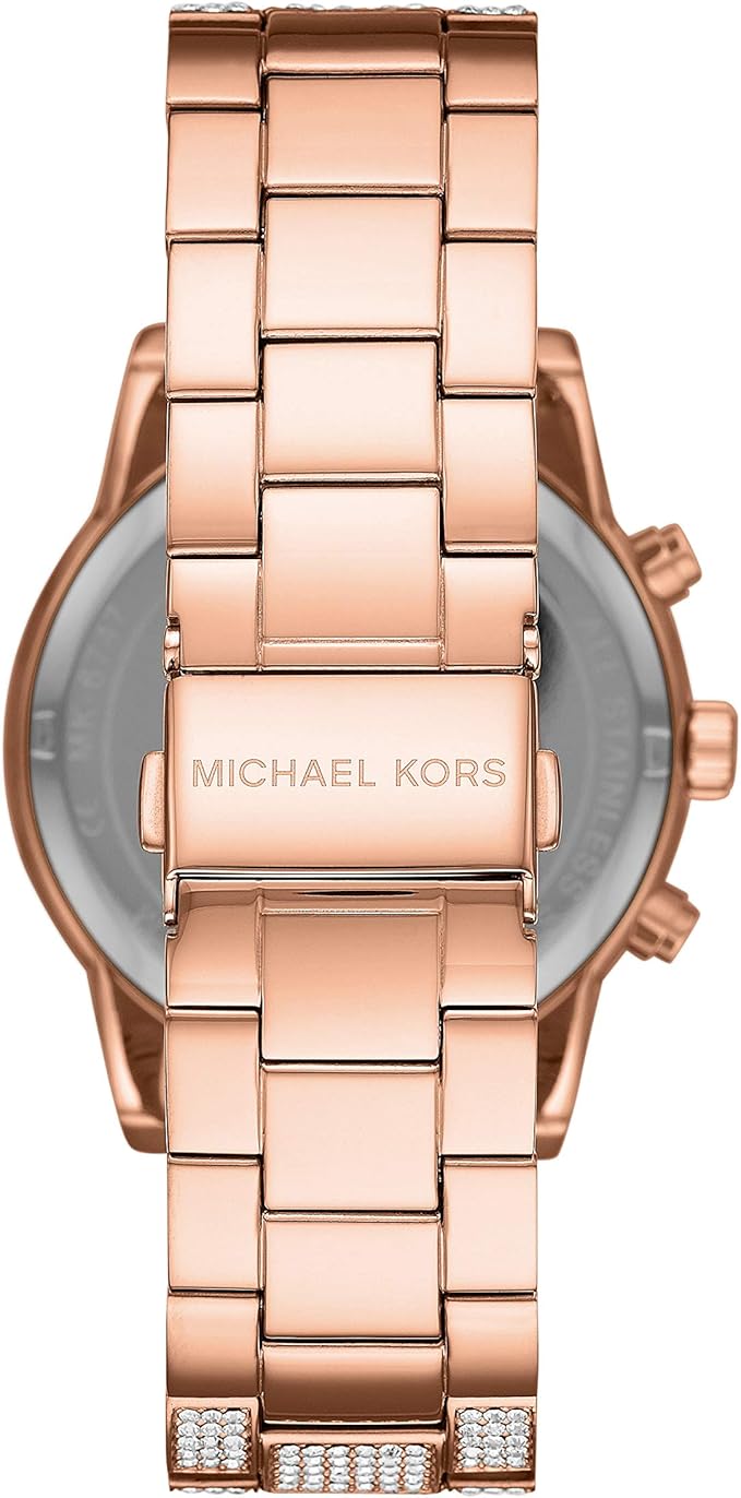 Rose gold Michael Kors Ritz bracelet watch caseback with model details and links