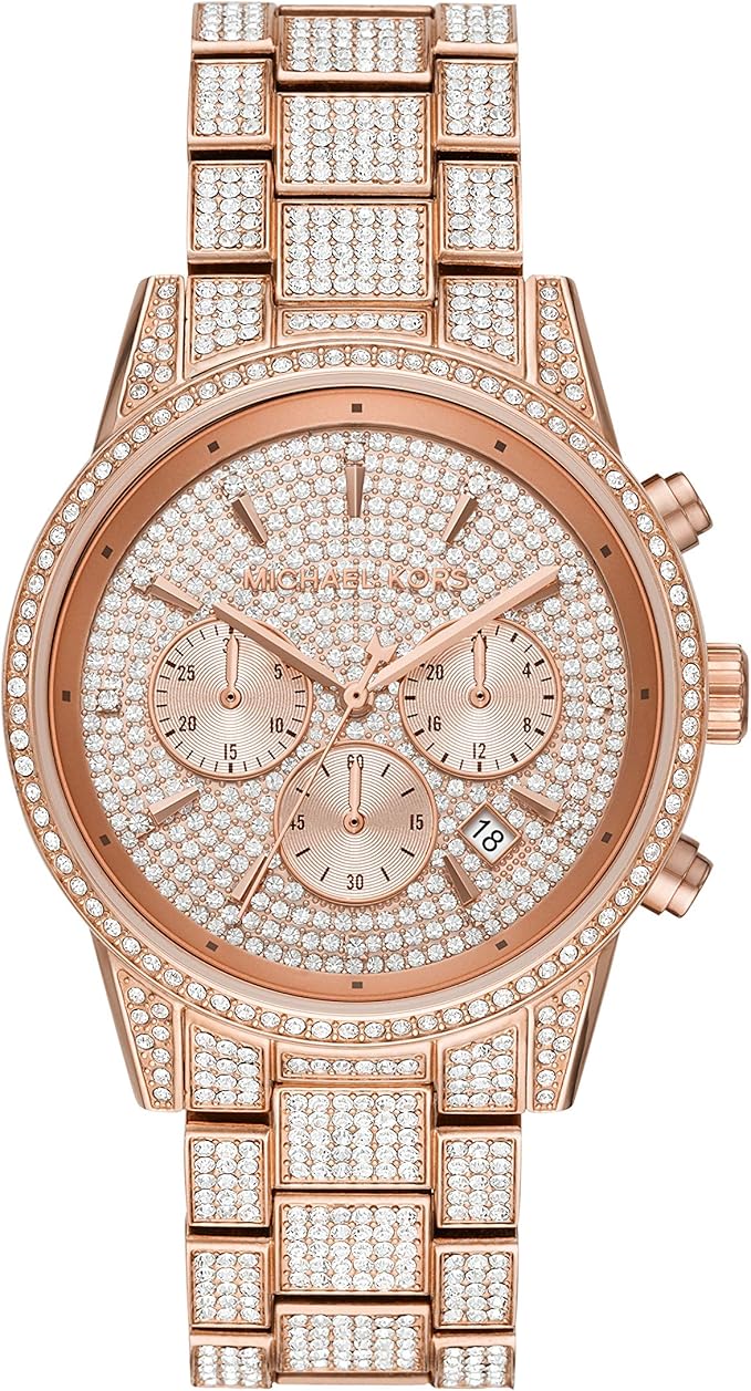 Michael Kors Ritz Pavé rose gold women's chronograph watch with crystal-paved dial and bezel