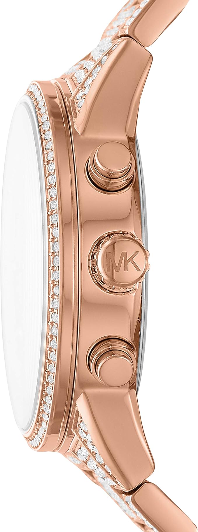Side profile of rose gold Ritz watch showing chronograph pushers and bracelet links
