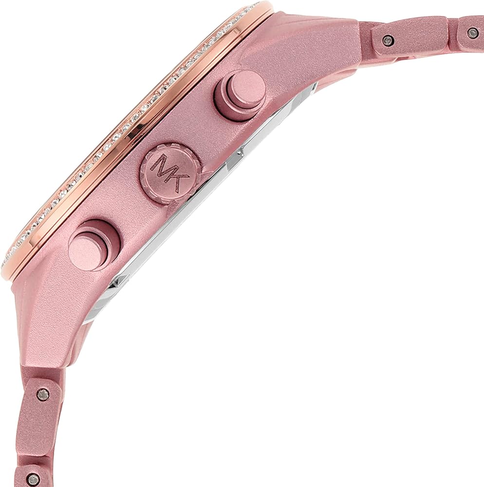Angled view of Michael Kors Ritz pink chronograph watch case and bracelet