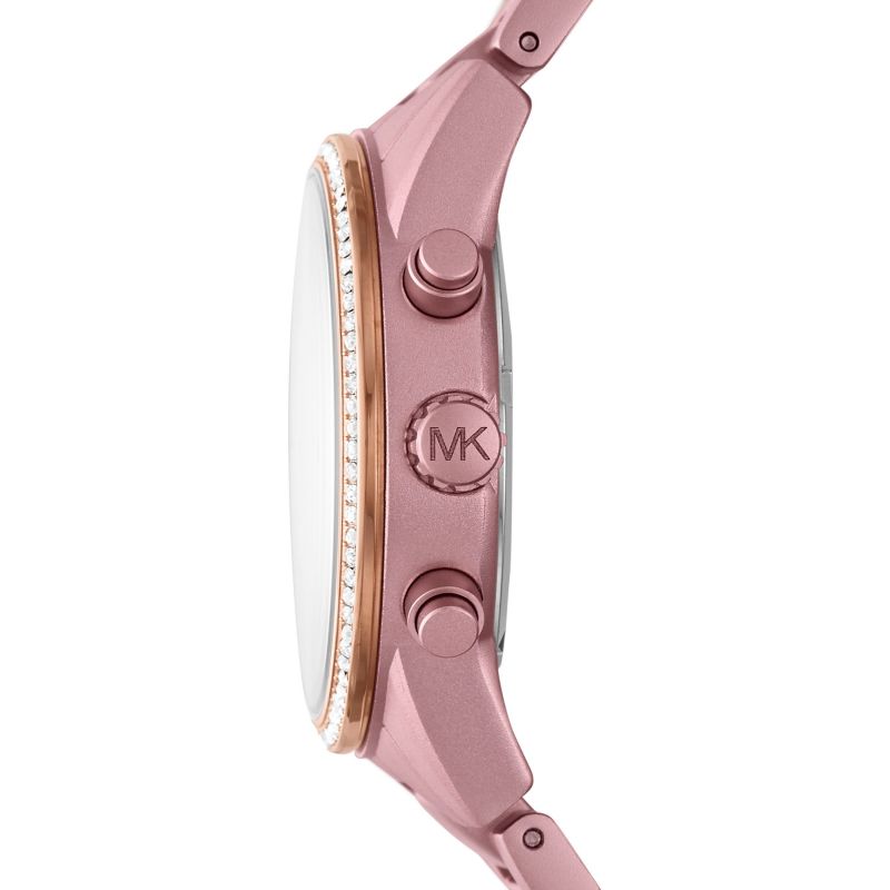 Side profile of Michael Kors Ritz pink watch showing case depth and bracelet