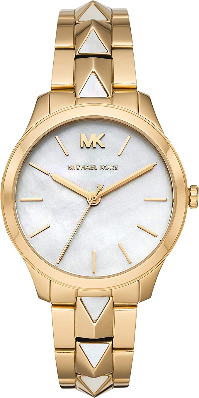 Michael Kors Runway Mercer women's watch with white dial, gold case, and studded bracelet