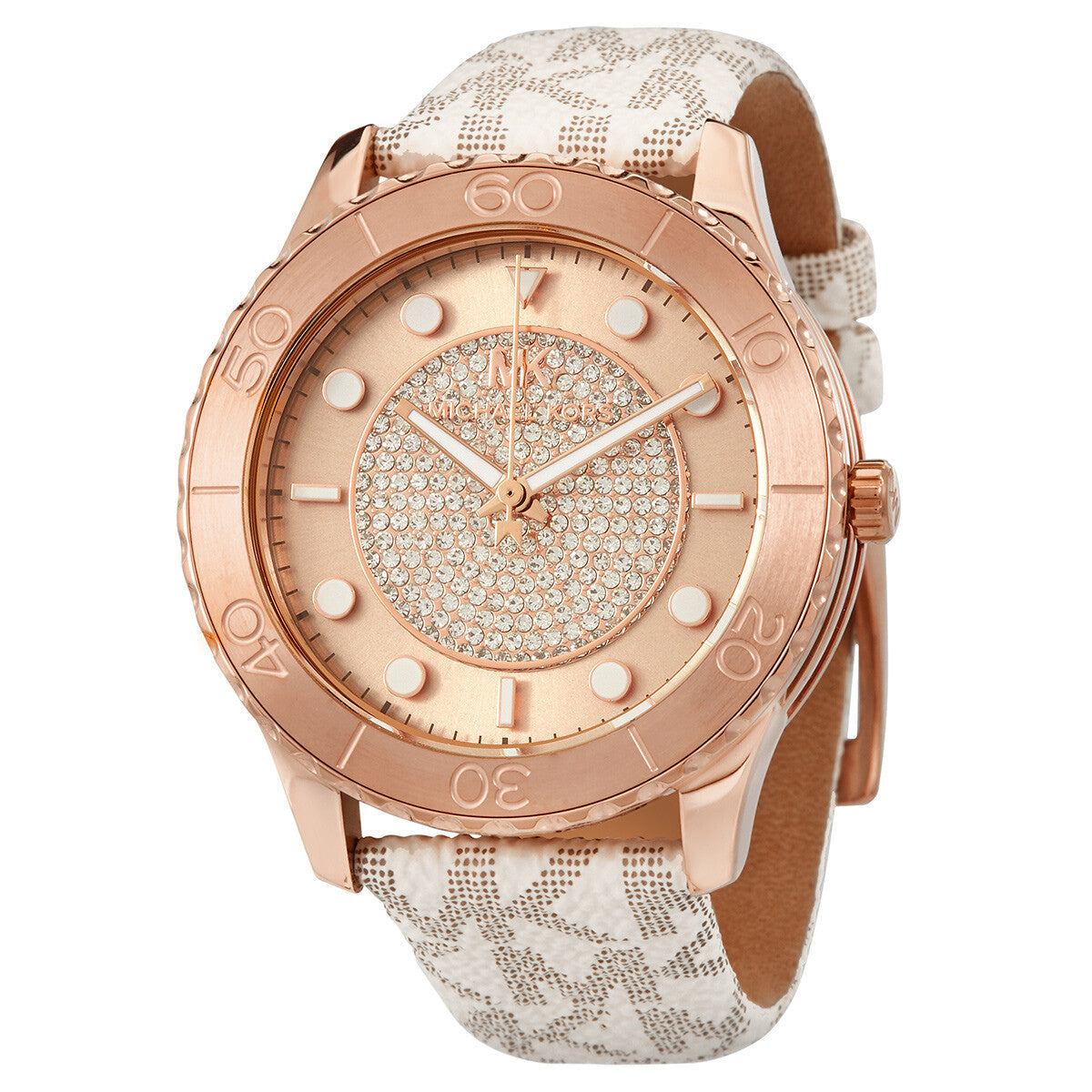 Michael Kors Runway MK6980 rose gold-tone oversized dive watch with pavé crystal dial on logo-printed strap