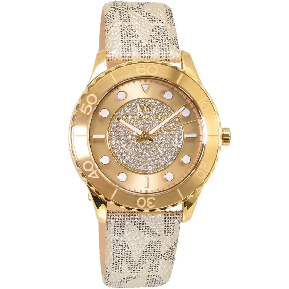 Michael Kors Runway MK6999 three-hand watch at angle showing case and PVC strap