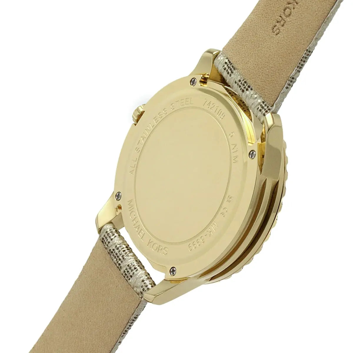 Michael Kors Runway MK6999 watch caseback showing gold-tone metal back