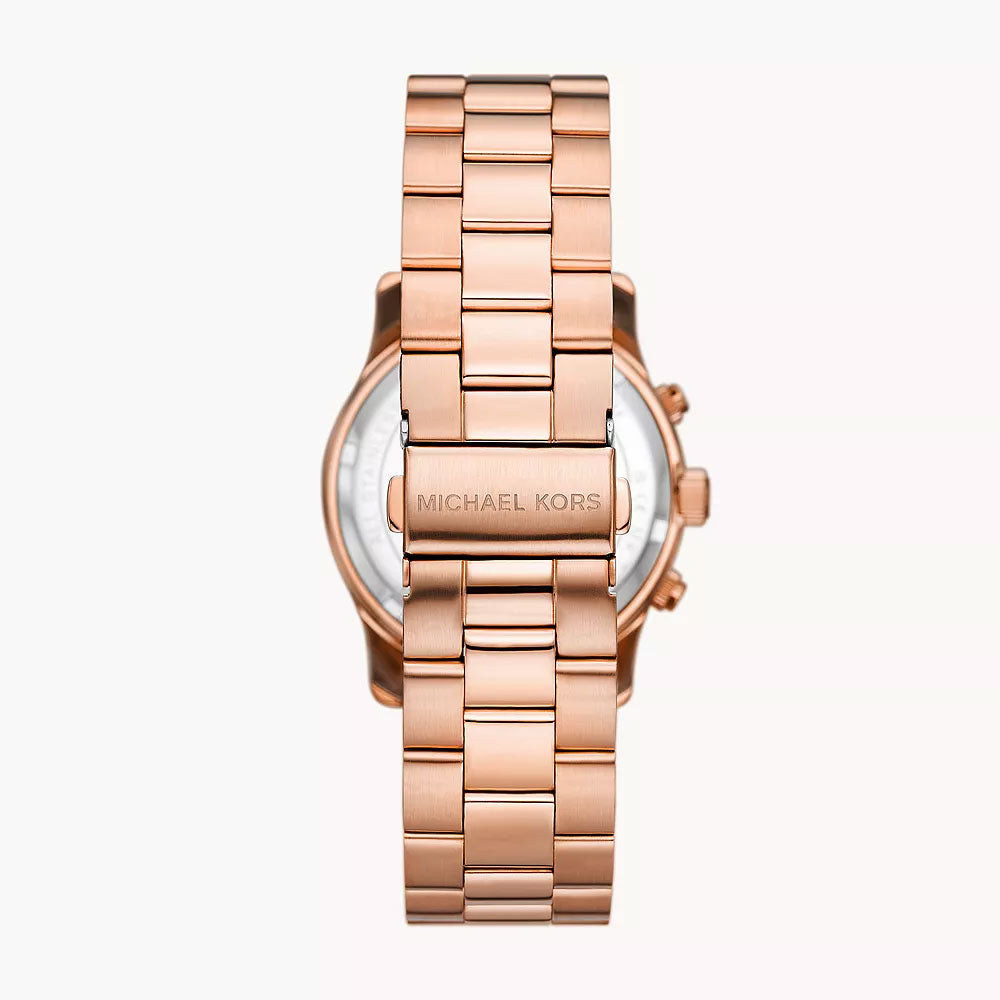 Rose gold-tone Michael Kors Runway MK7352 watch caseback showing link bracelet and dial detail