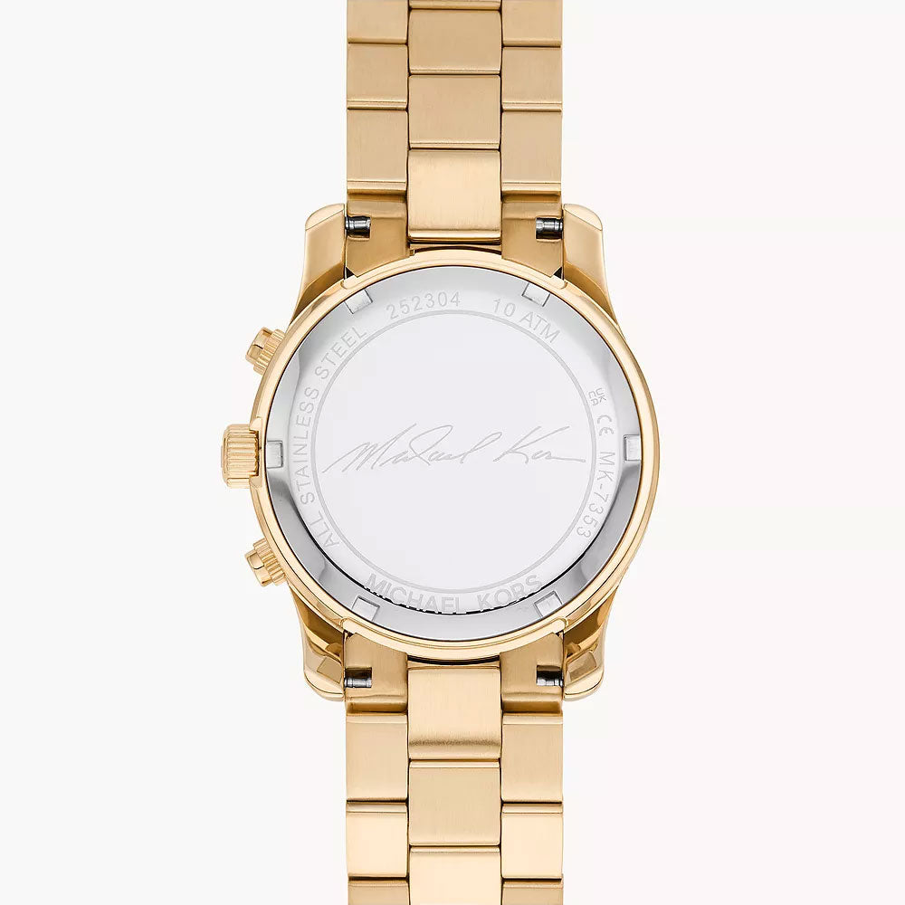 Michael Kors Runway MK7353 caseback with signature and text engraving on white background
