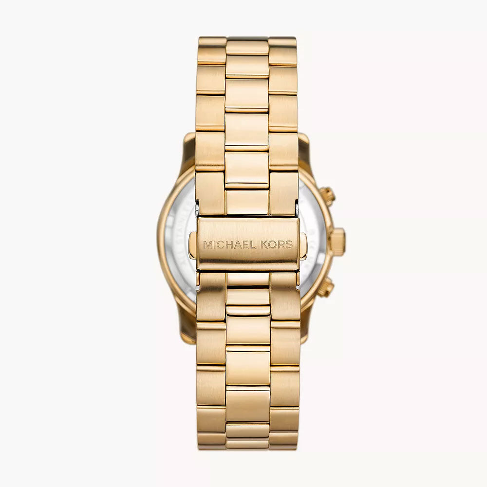 Back of Michael Kors Runway MK7353 watch showing caseback with Michael Kors engraving